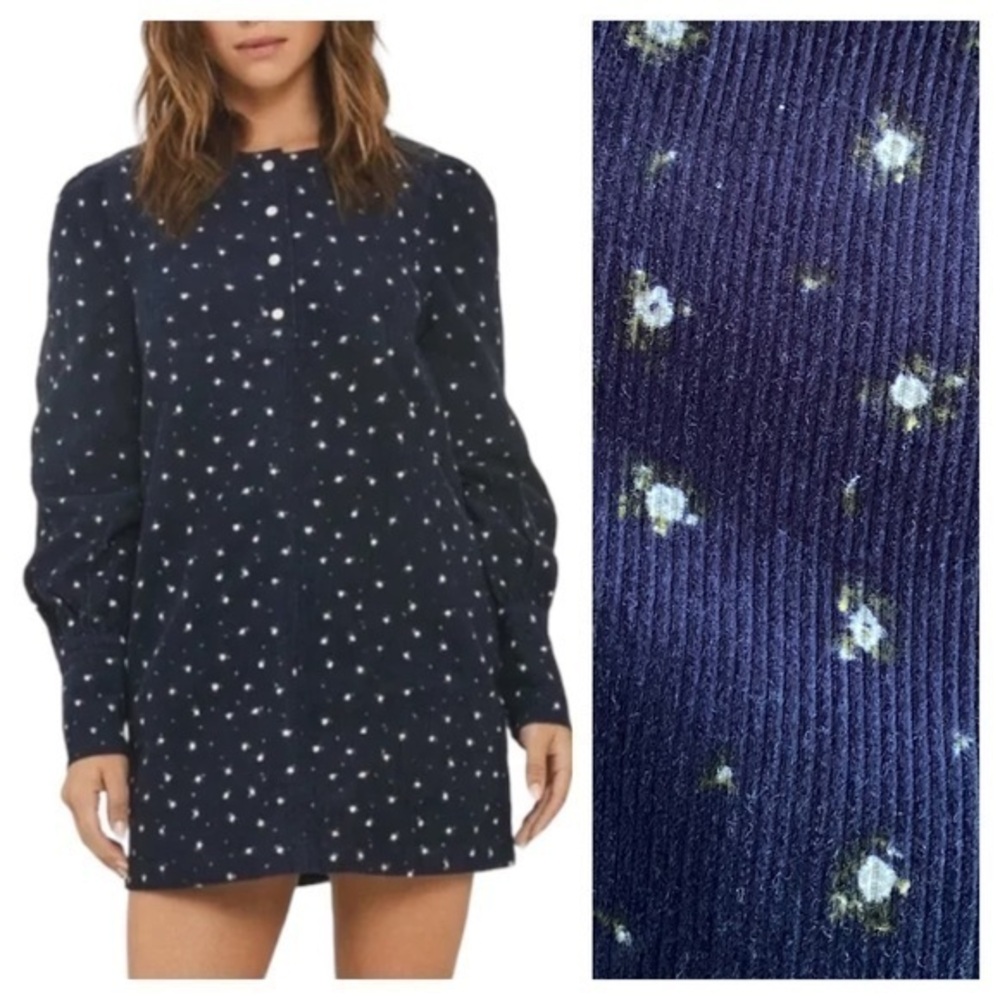 Something Navy Blue Floral Print Edie Long Sleeve Corduroy Dress Small
